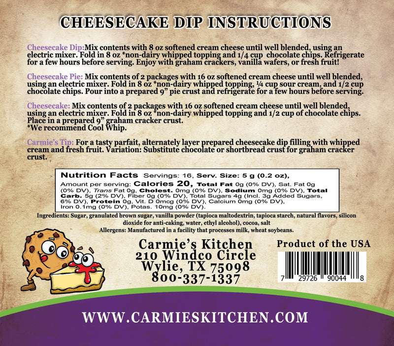 Carmie's Kitchen - Chocolate Chip Cookie Dough Cheesecake Dip Mix