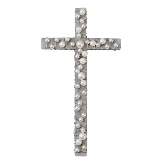 Mud Pie - GRAY WOOD CROSS WITH PEARLS